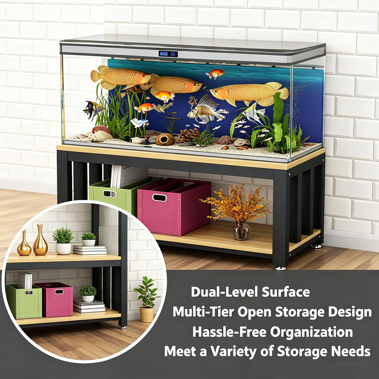 Mueble Acuario, Soporte Metálico para Acuarios Y Terrarios | Con Estante de Almacenamiento Y Patas Niveladoras Ajustables(Natural,90x45cm/35.43x17.71in)