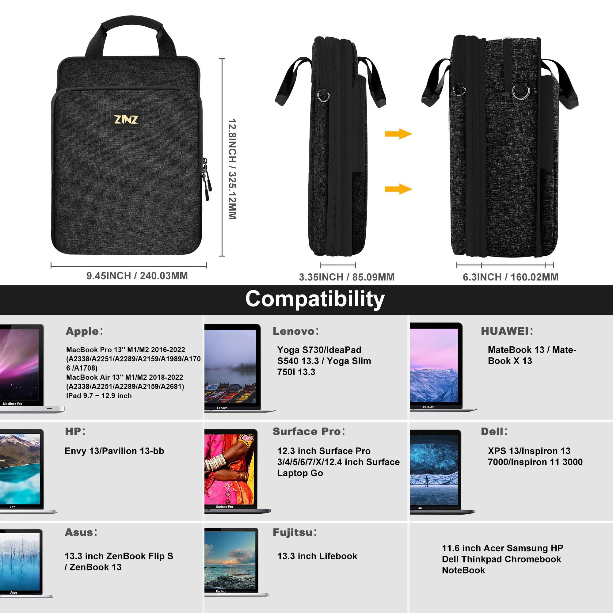 ZINZ 13 Zoll Laptop-Umhängetasche wasserdicht dehnbar für MacBook Air Pro 2024 iPad Pro 6 Gen