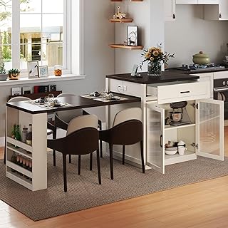 83.1'' Extendable Kitchen Island with Slide Out Table and Storage Racks for 2-6 Person,Kitchen Island with Tempered Glass Doors