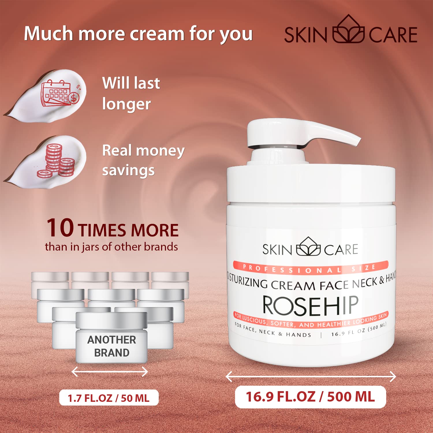 Skin Care Rosehip Oil 3-in-1 Moisturizer Face Cream, Neck and Hands - Treatment for Crepey Texture, Wrinkles and Sagging - Daily Lotion for All Skin Types - 16.9 fl. oz. - Image 4