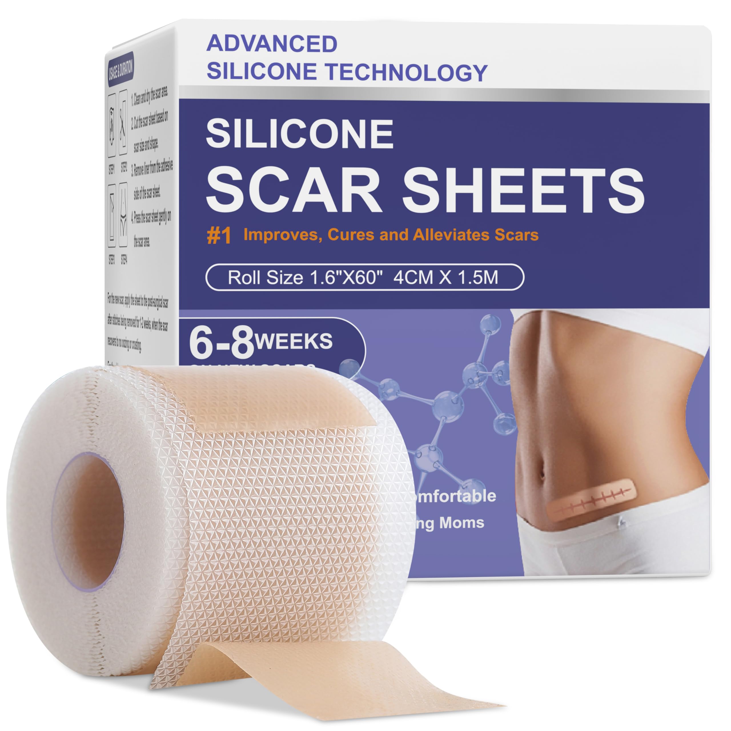 Silicone Scar Sheets, Advanced Medical Silicone Scar Tape(1.6"x 60"Roll-1.5M), Professional Grade Scar Removal Strip for Surgery, Tummy, Mouth, Face,