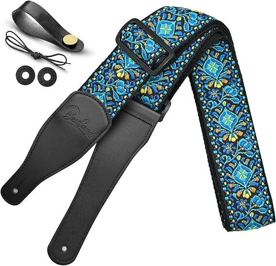 Guitar Strap, Jacquard Embroidered Cotton Straps with Genuine Leather Ends Shoulder Strap for Bass, Acoustic, Electric Guitar