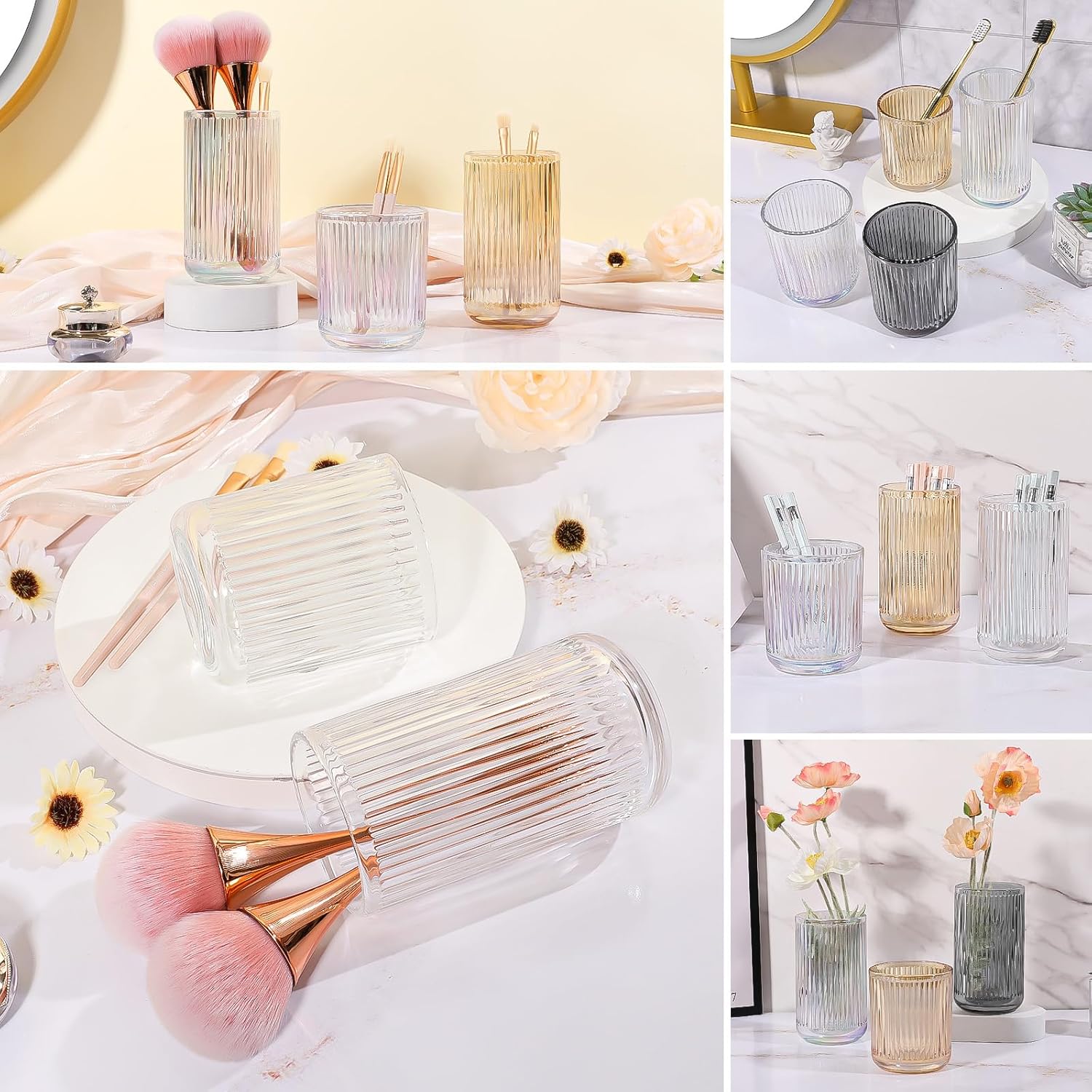 DASITON Makeup Brush Holder Organizer, Crystal Glass Makeup Brushes Storage Holder, Vintage Make Up Brush Cup for Vanity, Pen Pencil Holder for Desk, Toothbrush Holders for Bathroom (Clear SL)