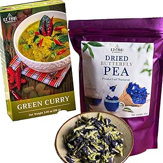 EZ THAI Pure Dried Butterfly Pea Flower Tea & EZ THAI Green Curry Paste - Herbal Tea and Authentic Thai Seasoning for Deli...