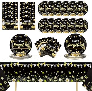 We Will Miss You Party Decorations Serve 24 Guests Going Away Party Disposable Plates Napkins Tablecloth Farewell Dinner Tableware Black and Gold Goodbye Party Supplies for Leaving Retirement Party