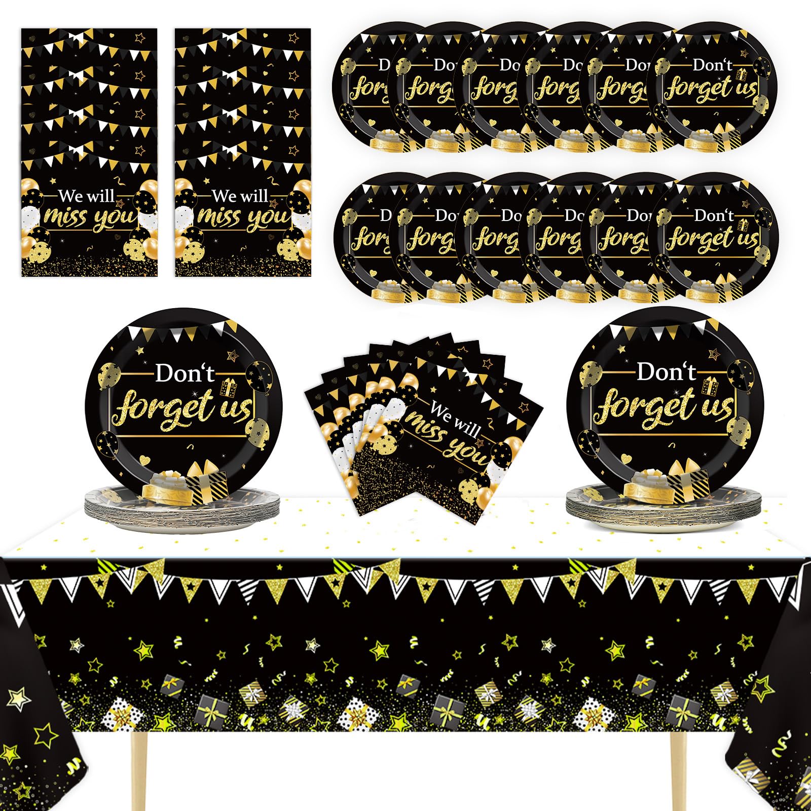 We Will Miss You Party Decorations Serve 24 Guests Going Away Party Disposable Plates Napkins Tablecloth Farewell Dinner Tableware Black and Gold Goodbye Party Supplies for Leaving Retirement Party
