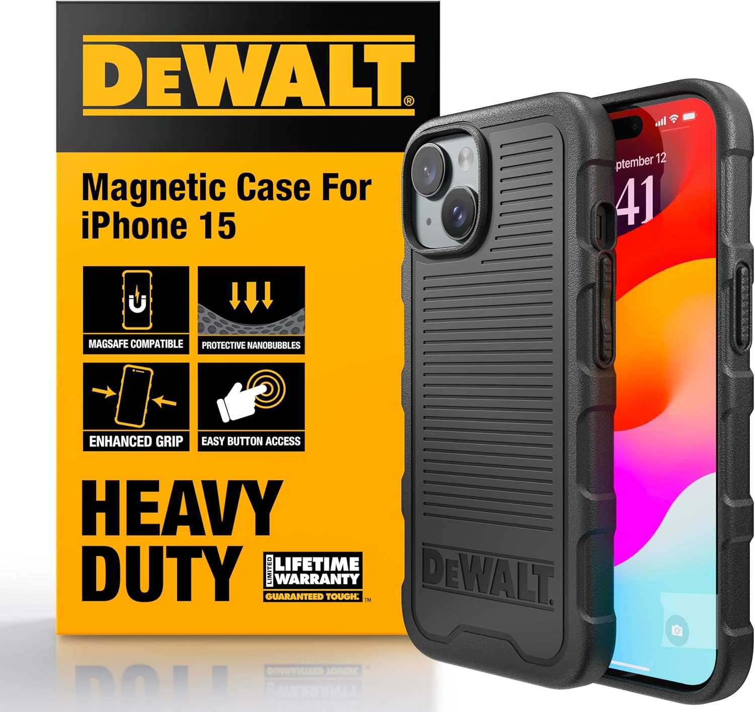 DEWALT Heavy Duty Strong Magnetic for iPhone 15 Case Fits MagSafe, Drop Resistant Impact Protective Back Cover, Shockproof Slim Fit for iPhone 15 Phone Case, Matte Black