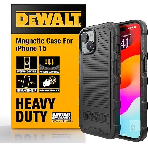 DEWALT Heavy Duty Strong Magnetic for iPhone 15 Case Fits MagSafe, Drop Resistant Impact Protective Back Cover, Shockproof Slim Fit for iPhone 15 Phone Case, Matte Black