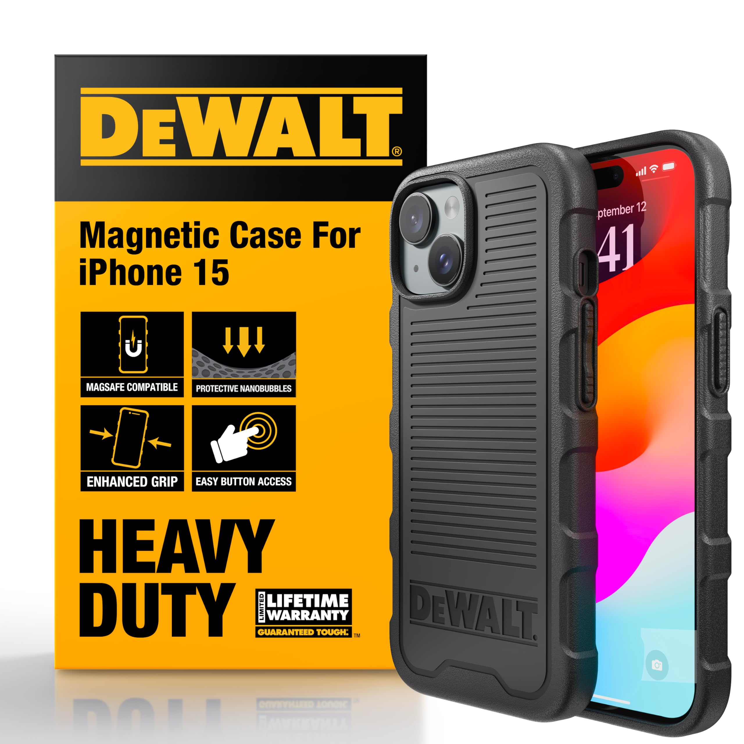 DEWALT Heavy Duty Strong Magnetic for iPhone 15 Case Fits MagSafe, Drop Resistant Impact Protective Back Cover, Shockproof Slim Fit for iPhone 15 Phone Case, Matte Black