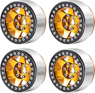 Que-T 4pcs 2.2 inch Beadlock Wheel Rims, 1/10 Scale RC Metal Wheel Hub for Axial SCX10 90046 AXI03007 D90 TRX4 CC01 Upgrade Parts (Yellow & Black)