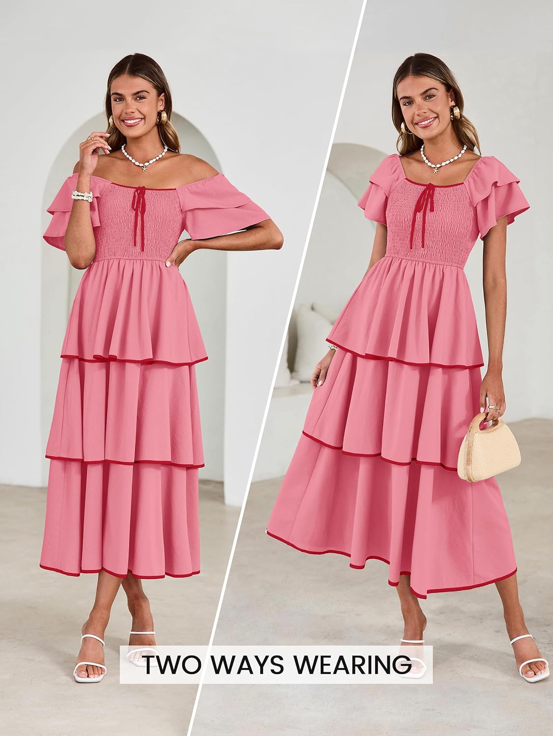 BerryGo Womens Summer Flowy Wedding Guest Maxi Dress Smocked Tiered Boho Casual Short Sleeve Square Neck Ruffle Dresses - Image 2