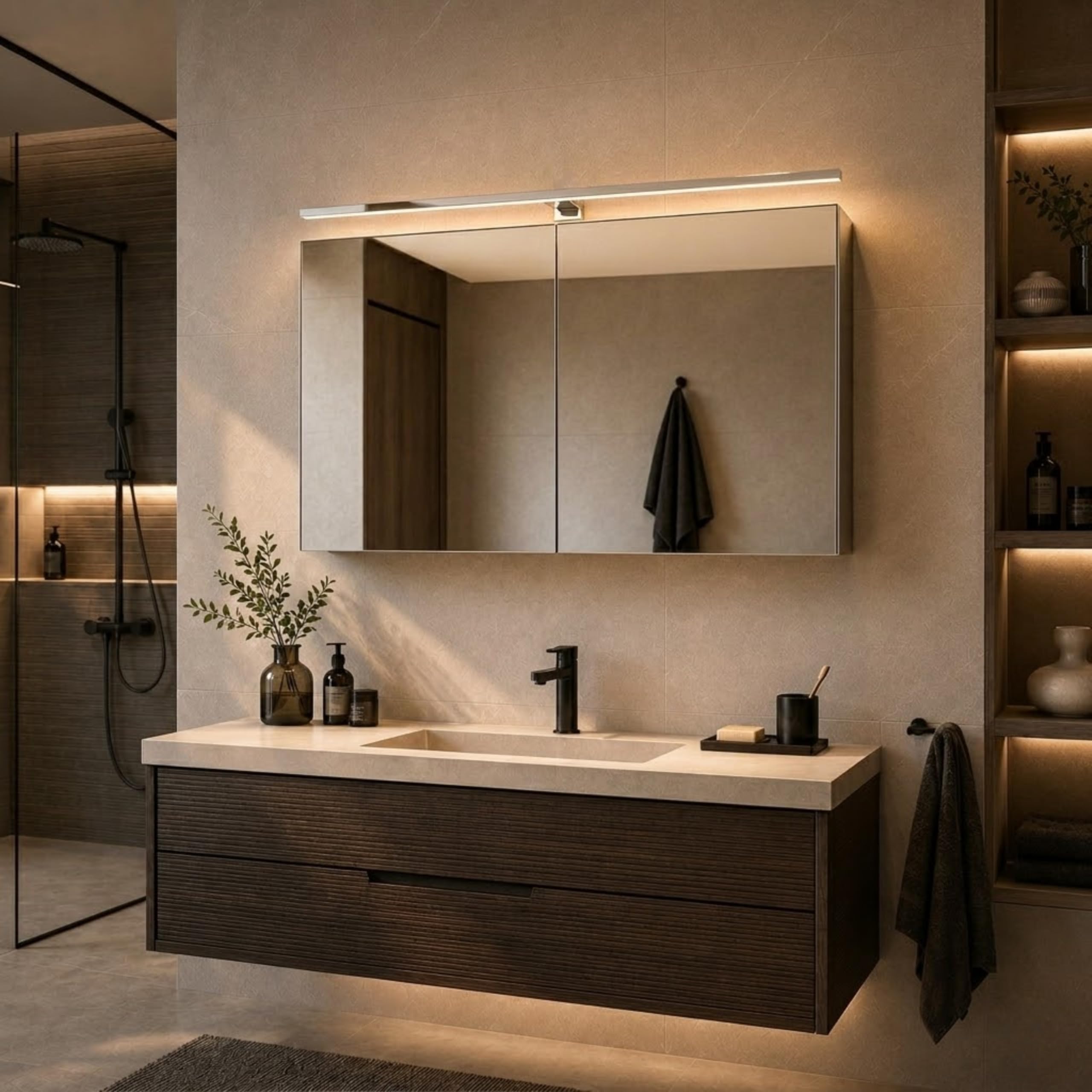 Kalb - Lampada da bagno a LED da 100 cm, IP44, da parete o gabinetto, con effetto di scorrimento luminoso, lampada da bagno 230 V, per parete o gabinetto, cromato, 3000 K