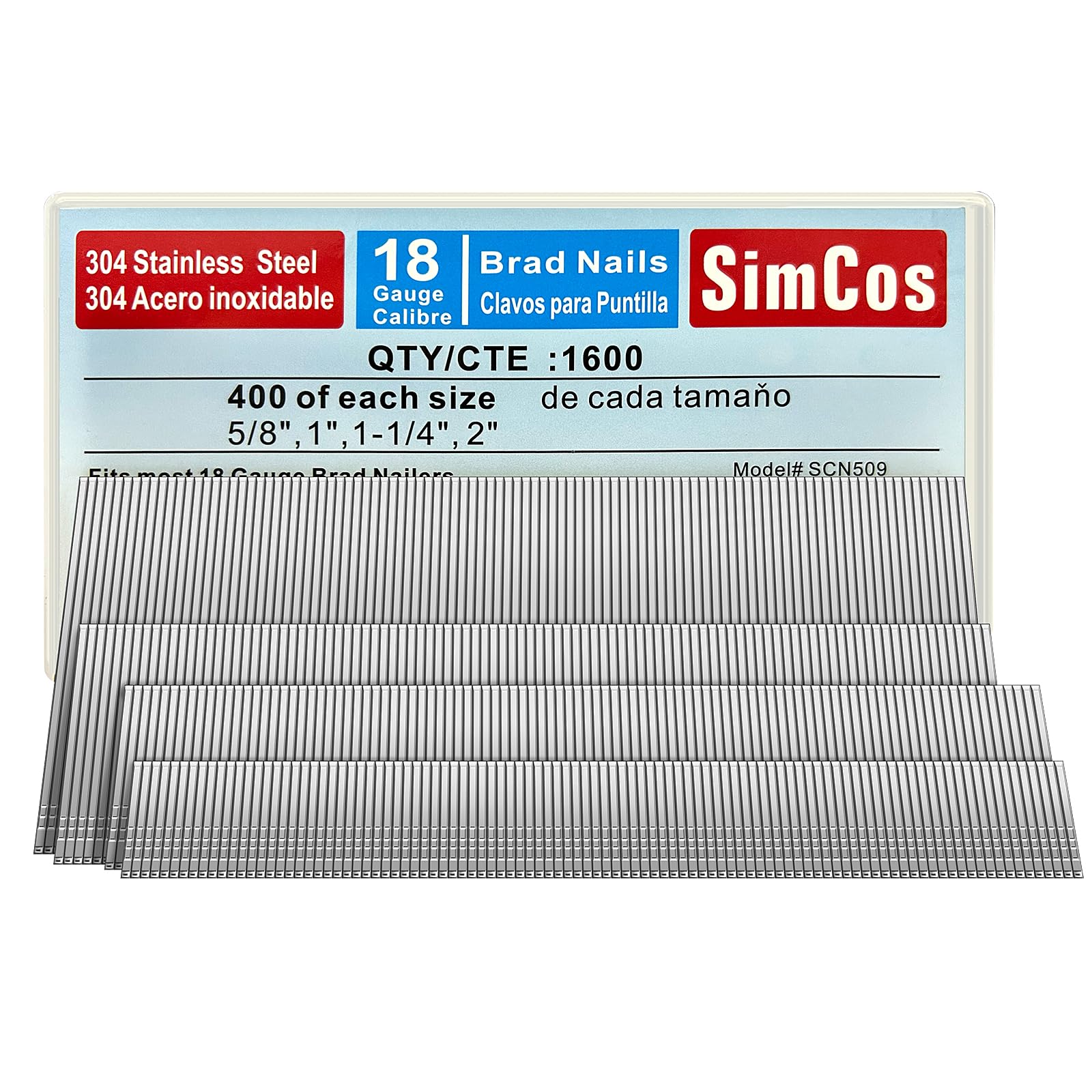 SimCos 18 Gauge Brad Nails (2",1-1/4",1",5/8 inch) 1600 pcs 18 GA Nail Gun Nails Assorted and Small Finishing Nails for Pneumatic, Electric Brad Nailer (304 stainless steel)