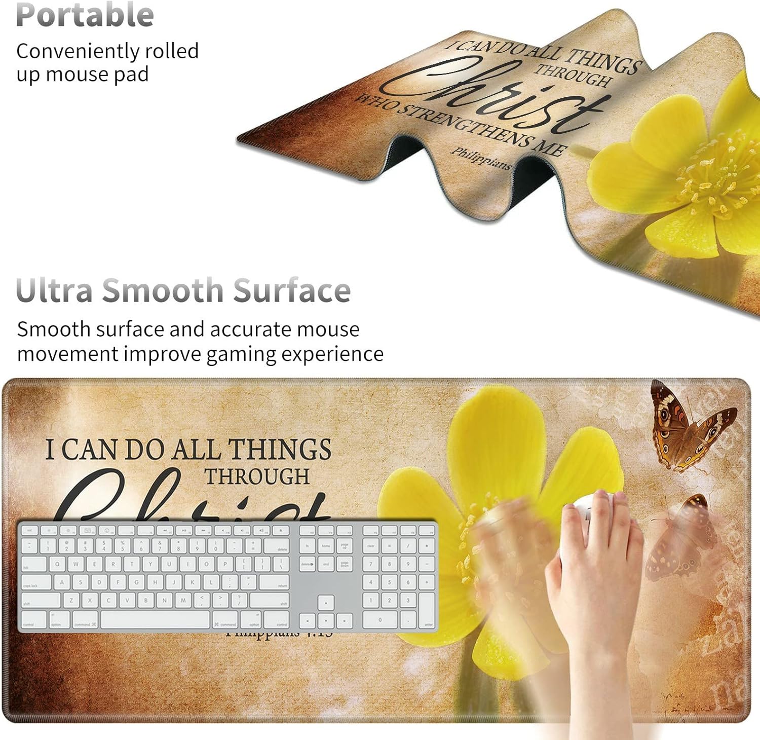Desk Pad Mat + Wrist Rest Pad + Coasters Set, Durable Office Desk Mat 31.5"x 11.8", Large Gaming Mouse Pad Extended Non-Slip Rubber Base Keyboard Pad for Laptop & Home, Bible Verse Philippians 4:13
