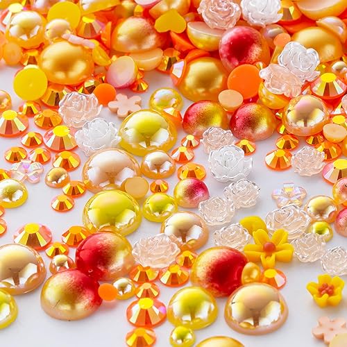 Miniatura 26 de 60g de perlas blancas de parte trasera plana con diamantes de imitación para manualidades, tamaño mixto de 3mm-10mm, color AB, redondas, mitad