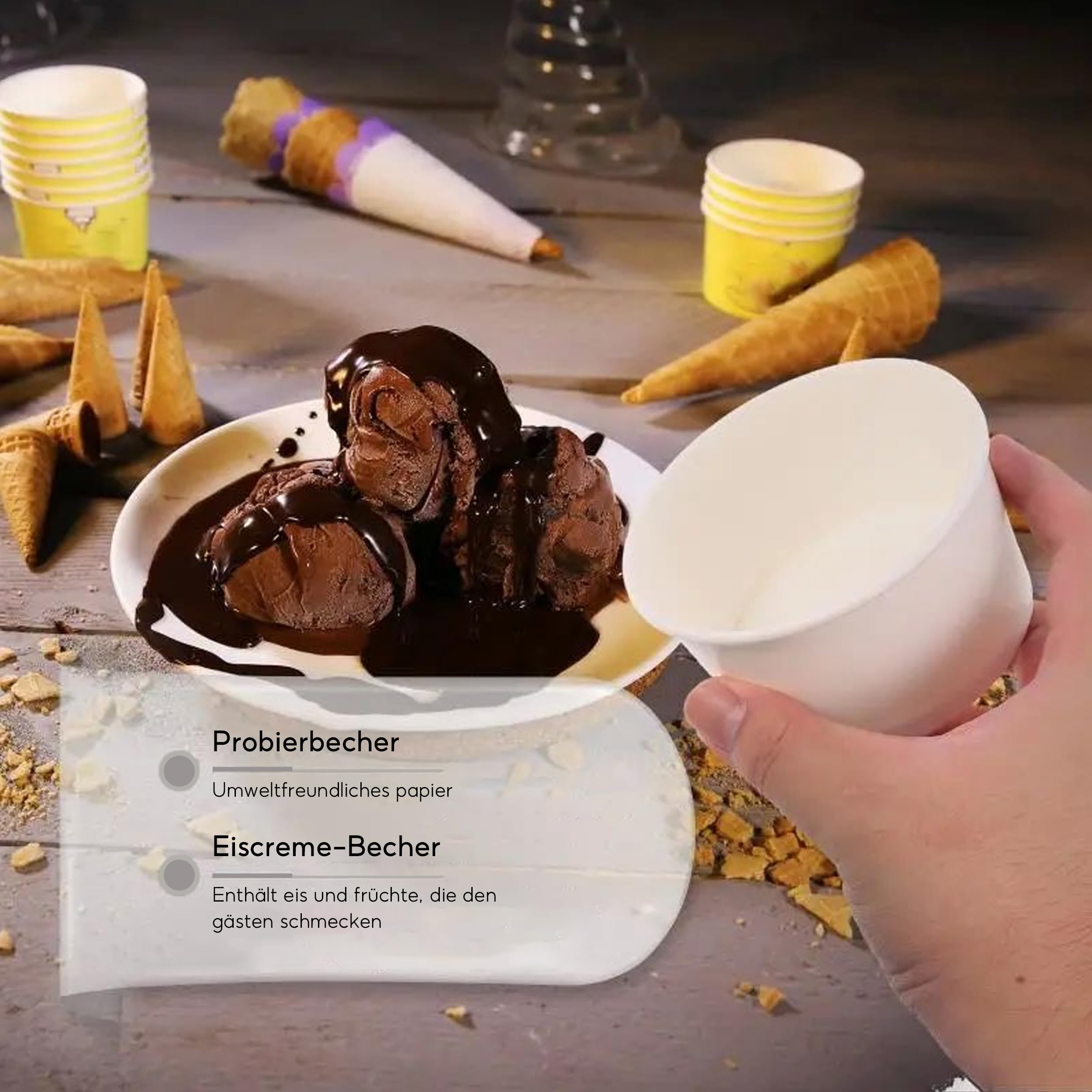 Papierowe foremki do muffinek, 60 sztuk kartonowych kubków do lodów, 120 ml, jednorazowe miseczki do lodów z drewnianą łyżeczką, do bufetów, deserów, na wesela, wózki z jedzeniem, lodziarnie