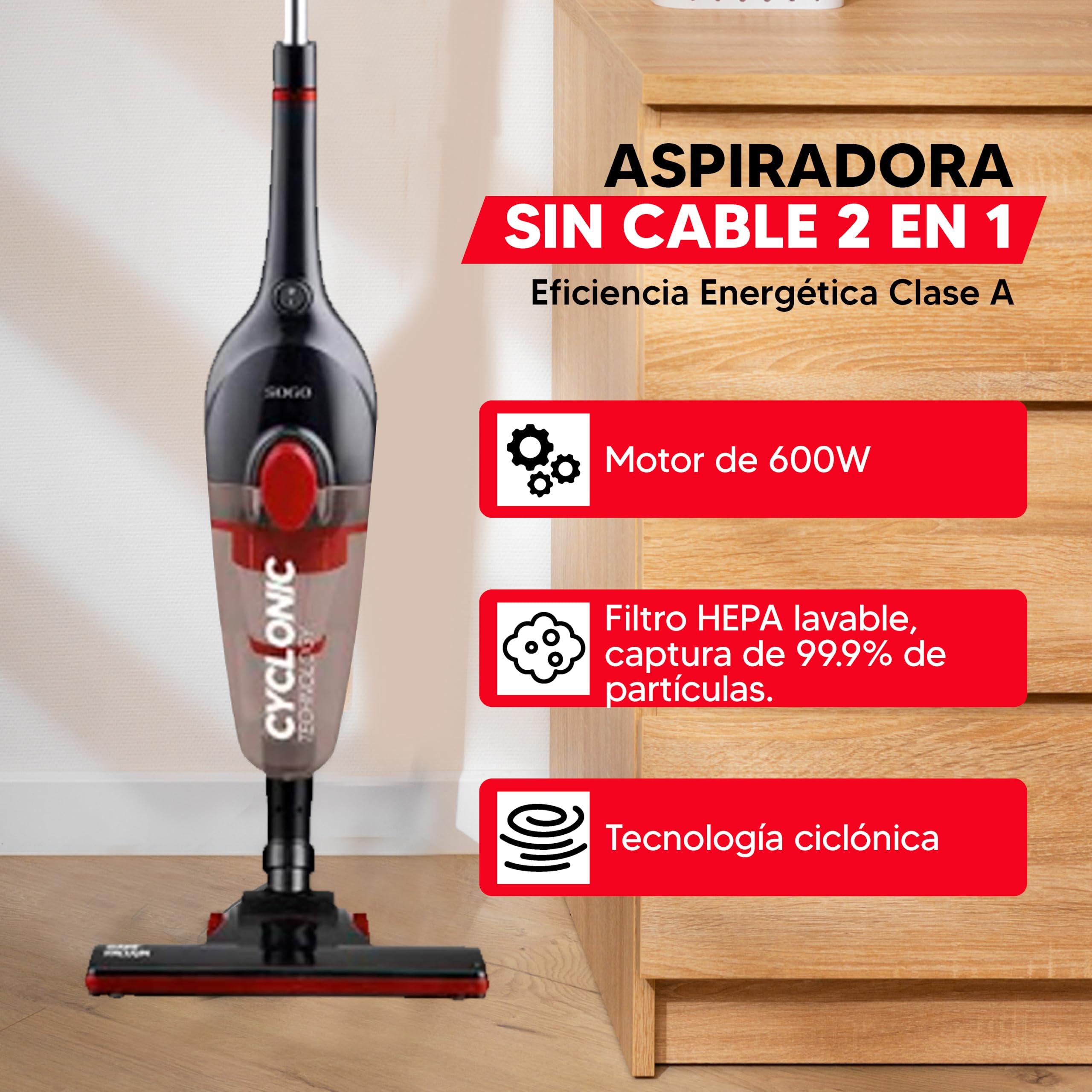 SOGO Cyclone Handheld Vacuum Cleaner 600W Energy Class A+ 2 in 1 with 0.8L Container HEPA Filter 4.5m Cable Black