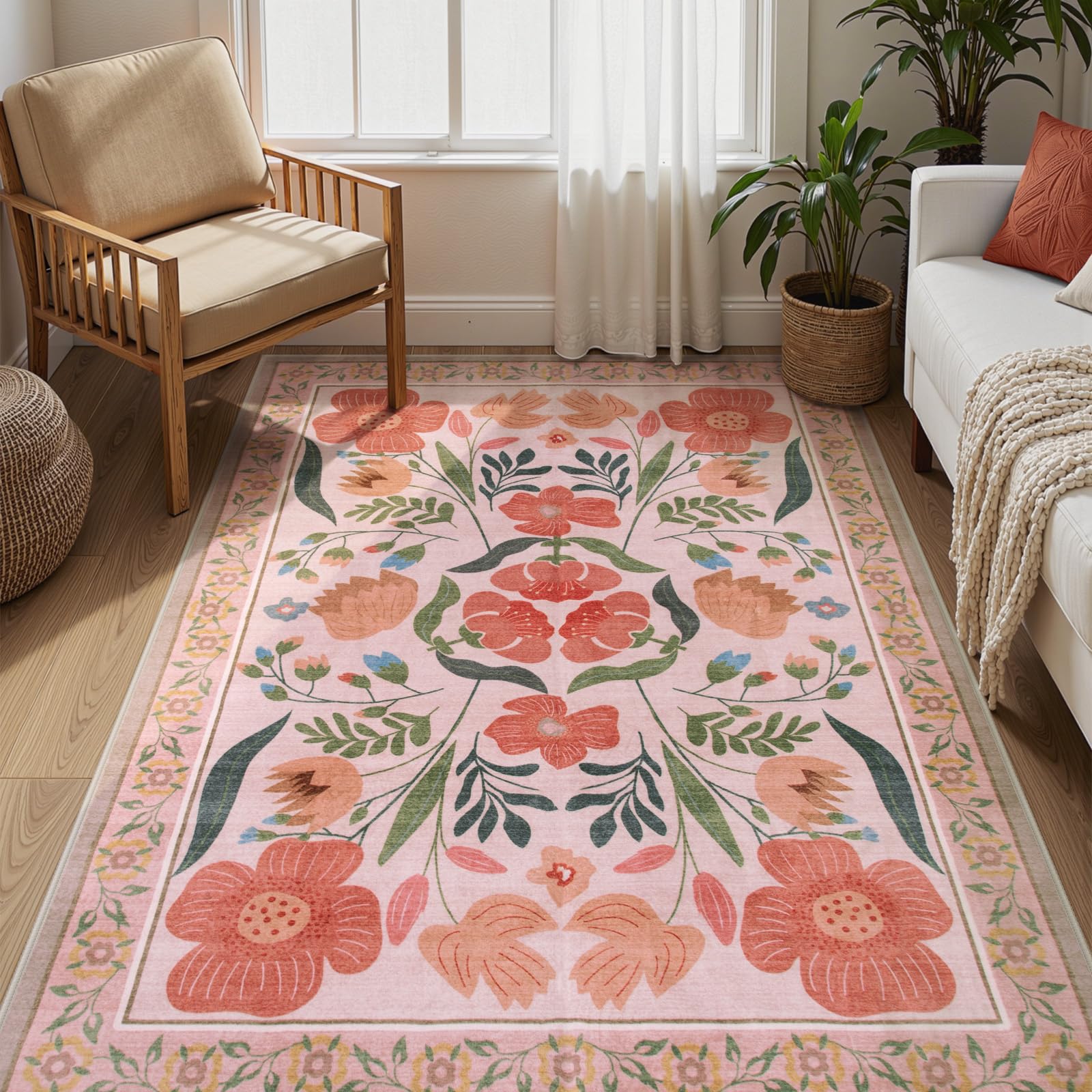 Yuemasi Beige Washable Rug for Bedroom 5x7, Floral Soft Non Slip Kids Rugs for Bedroom, Ultra-Thin Colorful Living Room Carpet, Boho Carpet for