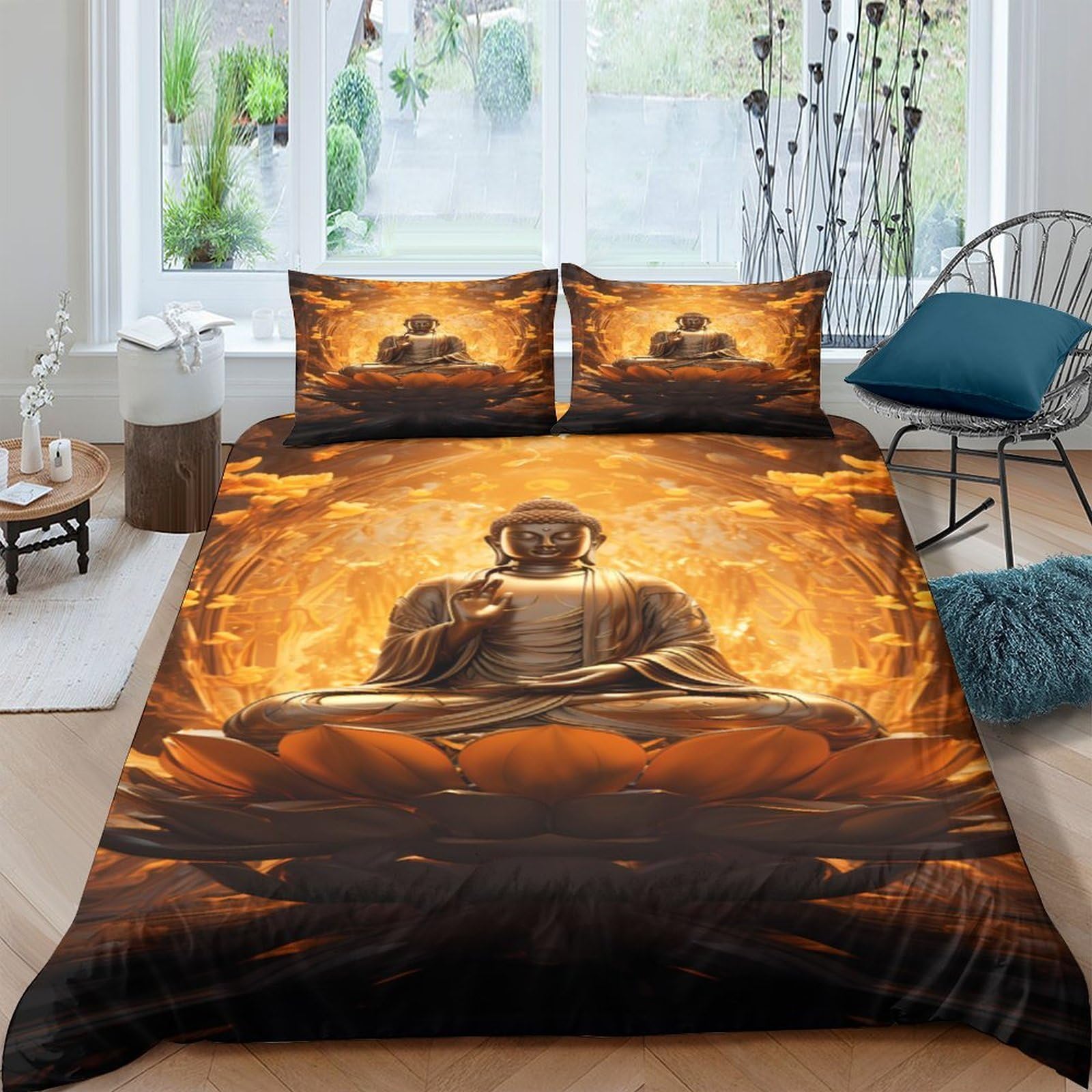GPLZQXKJNH 3D Printed Buddha Meditation Duvet Cover Microfiber Soft Breathable Lotus Bedding Set with 2 Pillowcases for Bedroom Decor Single（135x200cm）