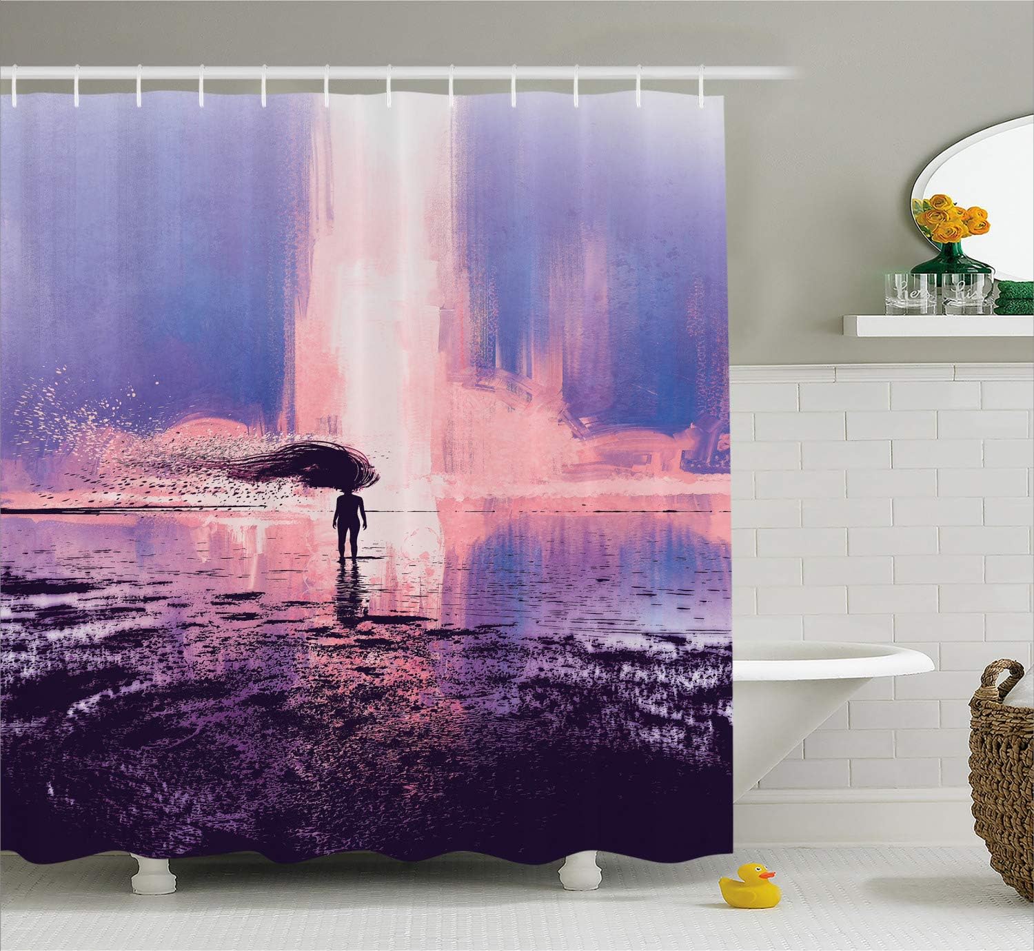Ambesonne African Shower Curtain, Woman Exotic Feather Earring and Scarf Zulu Hippie Art, Cloth Fabric Bathroom Decor Set with Hooks, 105" Extra Wide, Caramel and Marigold