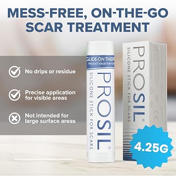 PROSIL Silicone Scar Stick 4.25 g Professional Silicone Scar Treatment for New & Old Scars Mess Free, Glide-on Scar Care for Face & Body Travel-Friendly Silicone Scar Gel for Surgical Scars