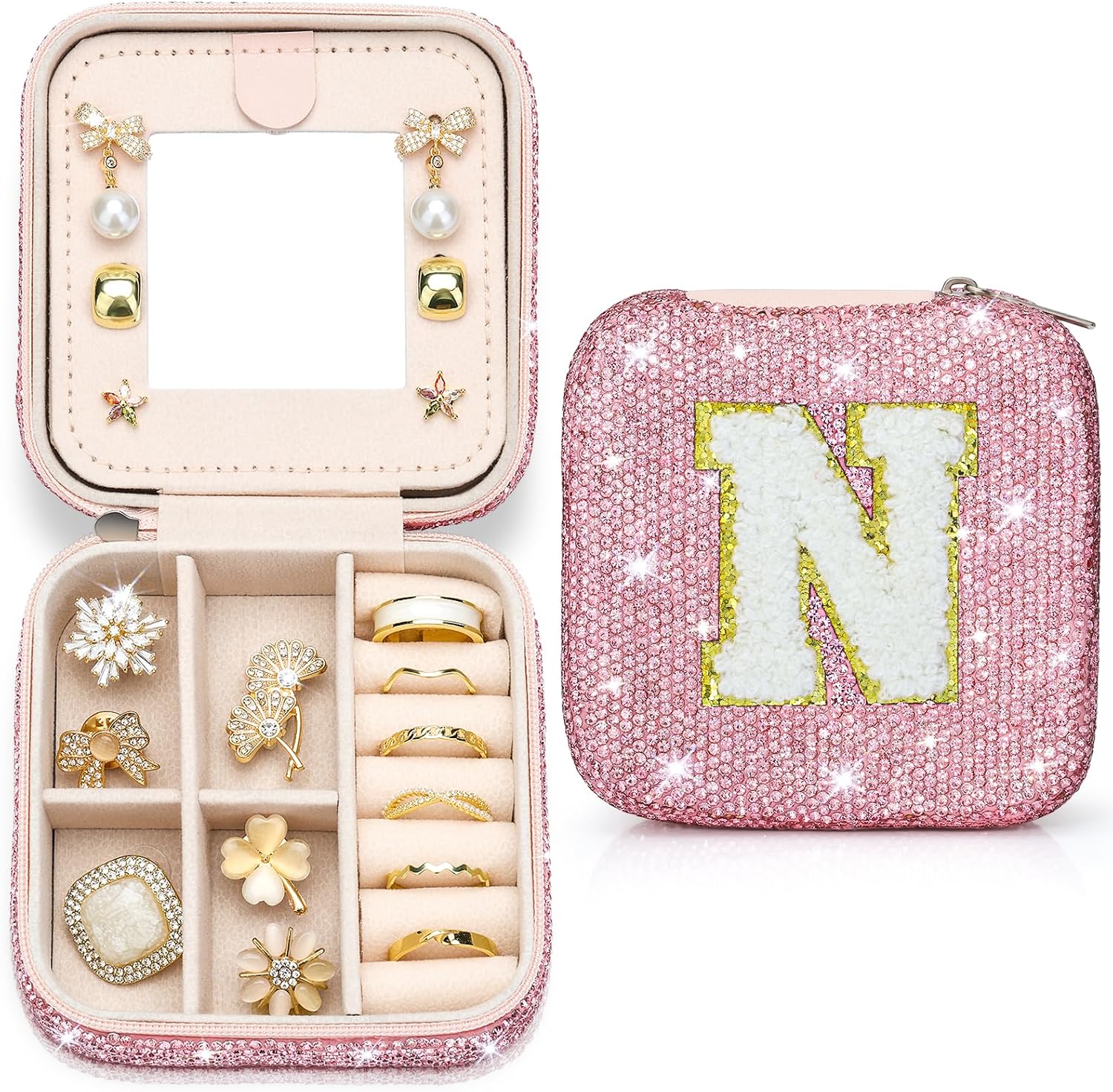 Soleebee Bling Crystal Travel Jewelry Case, N Initial Jewelry Box for Women Girls, Portable Small Jewelry Organizer Travel Essentials for Necklace Earrings Rings - Letter N, Pink