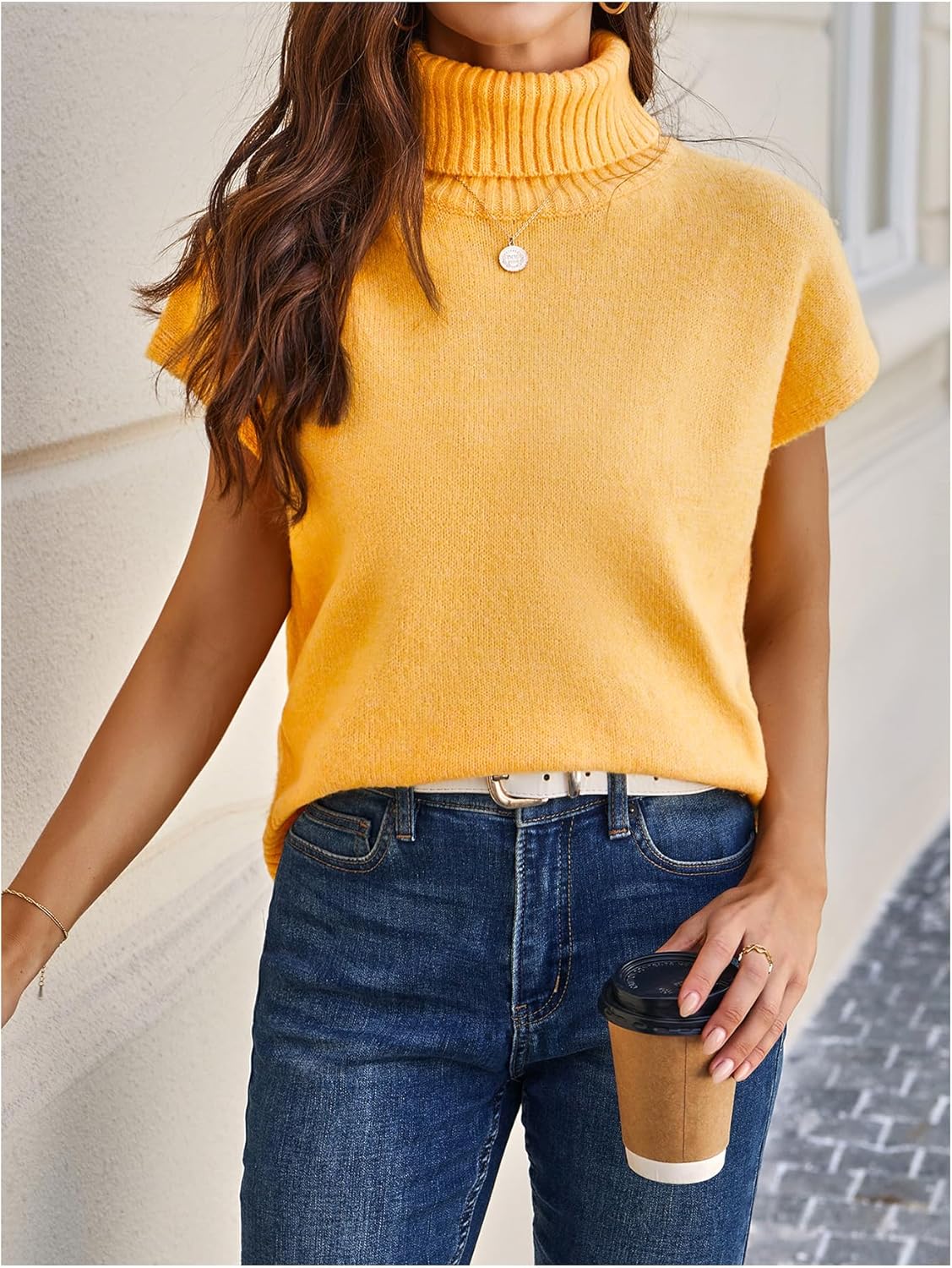 WDIRARA Women's Turtleneck Cap Sleeve Sweater Vest Pullover Knitted Top Loose Oversized Knitwear