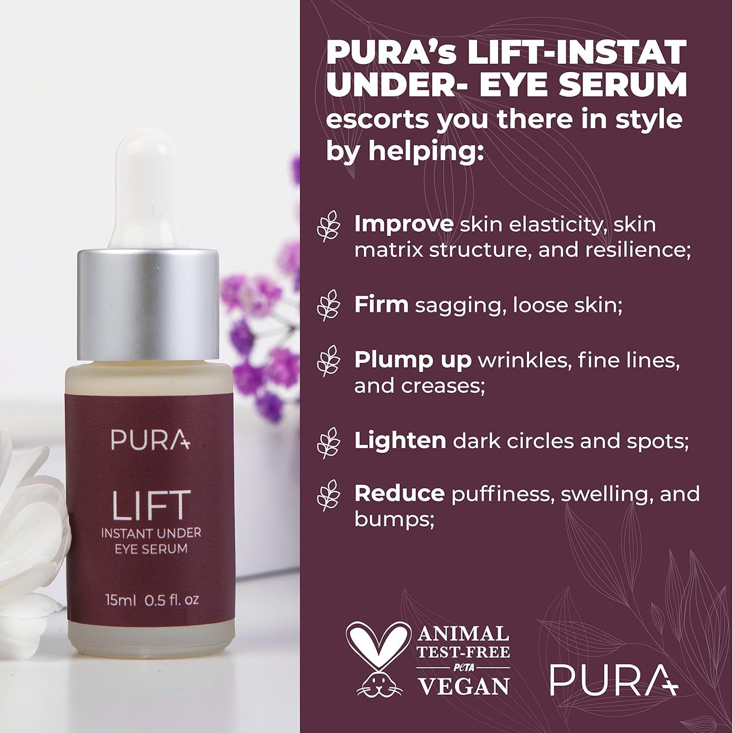 PURA Lift Instant Under Eye Serum - Advanced Formula, Light, Firm, & Tight Dark Circles, Reduce Wrinkles, Fine Lines&Crow's Feet Instantly, 0.5 Fl : Beauty & Personal Care