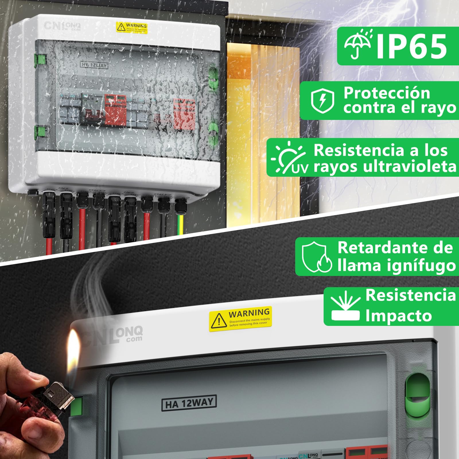 IP65 Caja Combinadora PV 2 Circuitos 2 Entradas 2 Salidas DC500V 32A Interruptor Disyuntor con Protector de Sobretensión y fusible de 15A Para Paneles Solares al Aire Libre