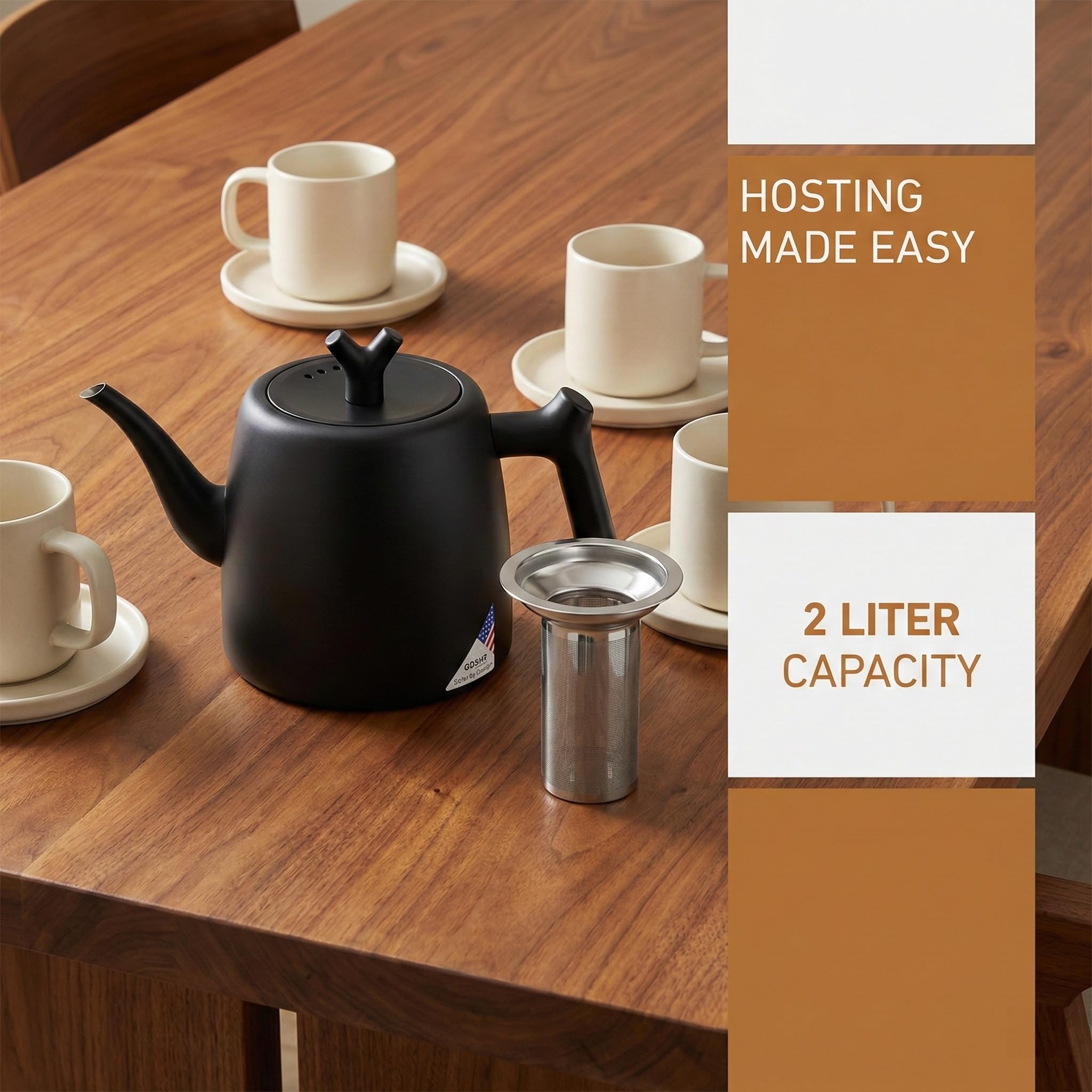 Teekanne 304 Edelstahl Thermo Teekanne 2L Thermoskanne Tee mit Siebeinsatz Schwarz Teebereiter Doppelwandig Isolierkanne Hitzebeständige Tee Kanne Teapot mit Griffe für Ingwer