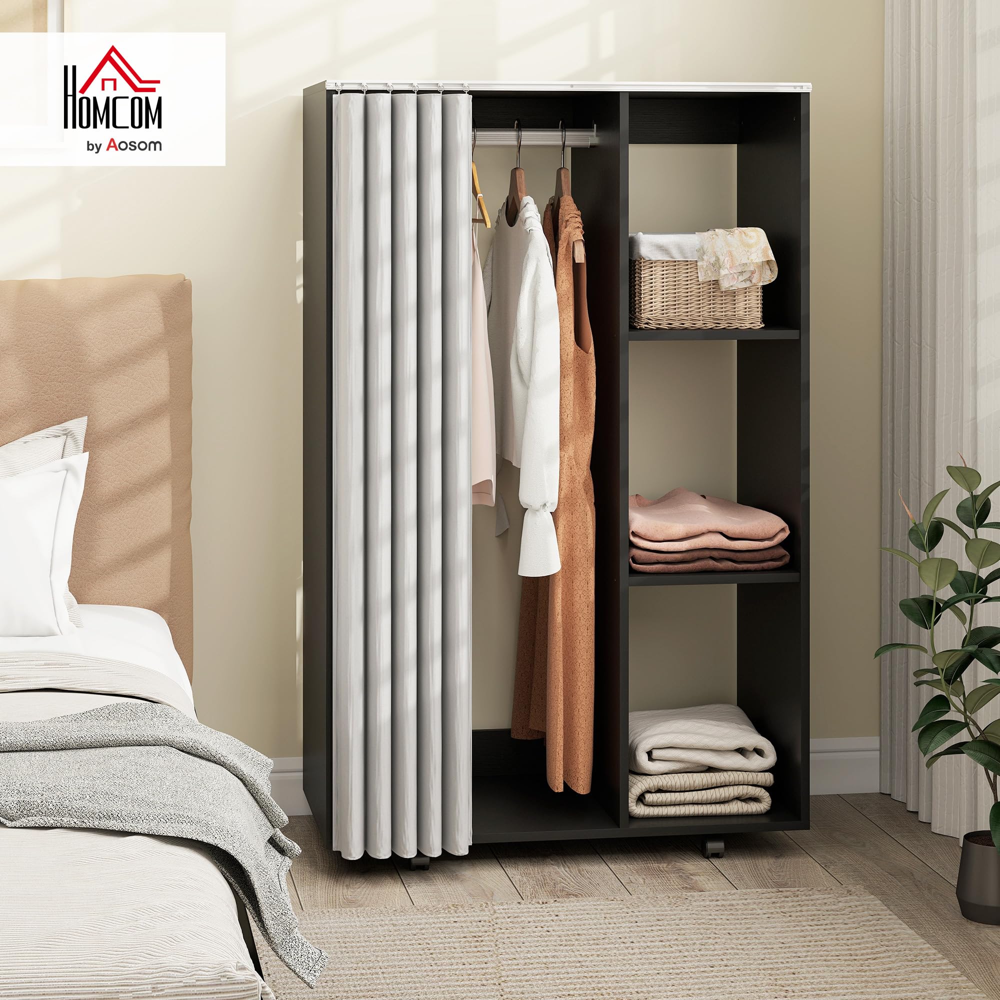 HOMCOM Armoire penderie Meuble de Rangement Mobile 4 roulettes avec Tringle à vêtements et étagères Ouvertes, penderie vêtement Dressing Roulant pour Chambre à Coucher, 80x40x128cm, Noir