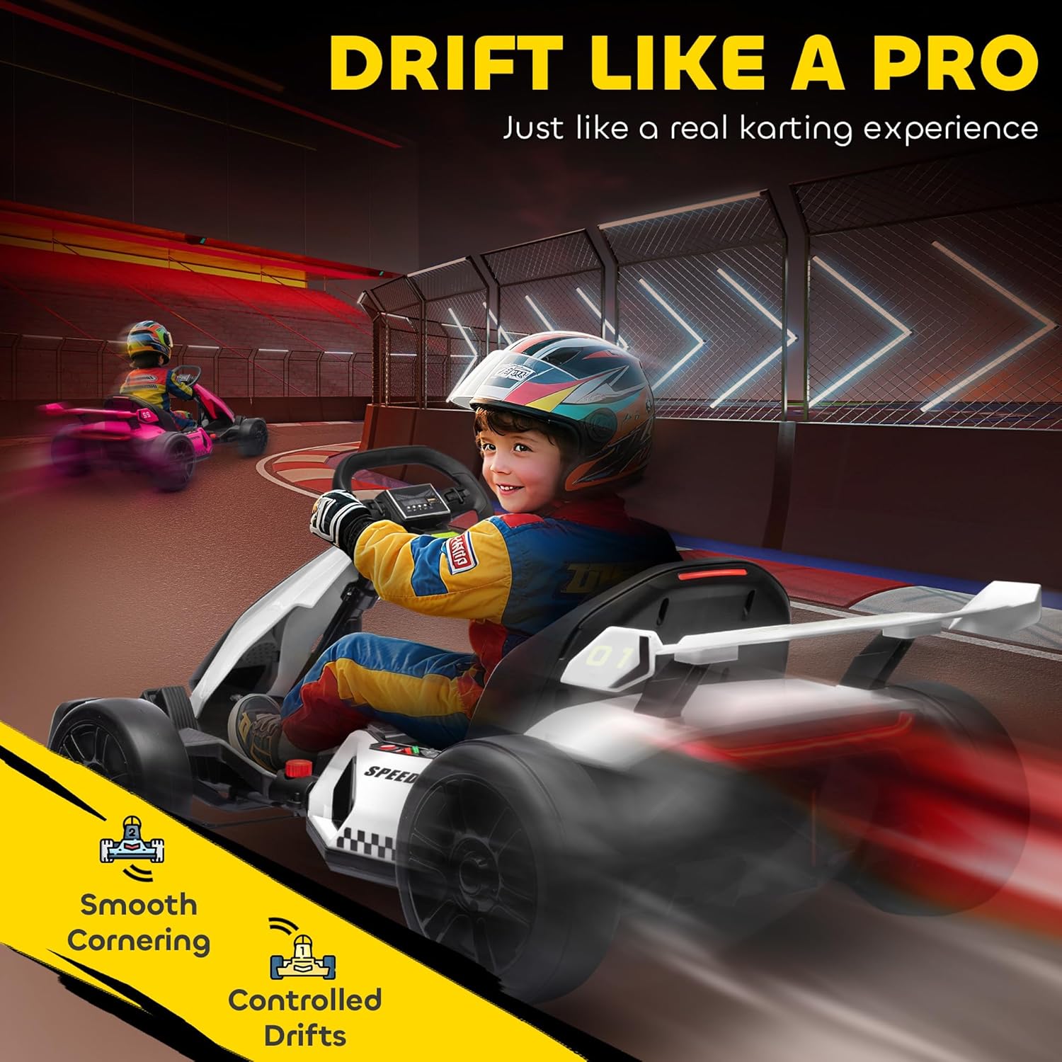 Aosom 24V 7.5 MPH Electric Go Kart with Adjustable Seat, Drift Kart Battery Powered Ride on Toy Outdoor with Dual 150W Motors, Slow Start, Music, Honking Horn, Lights, for 6-12 Years Old, White