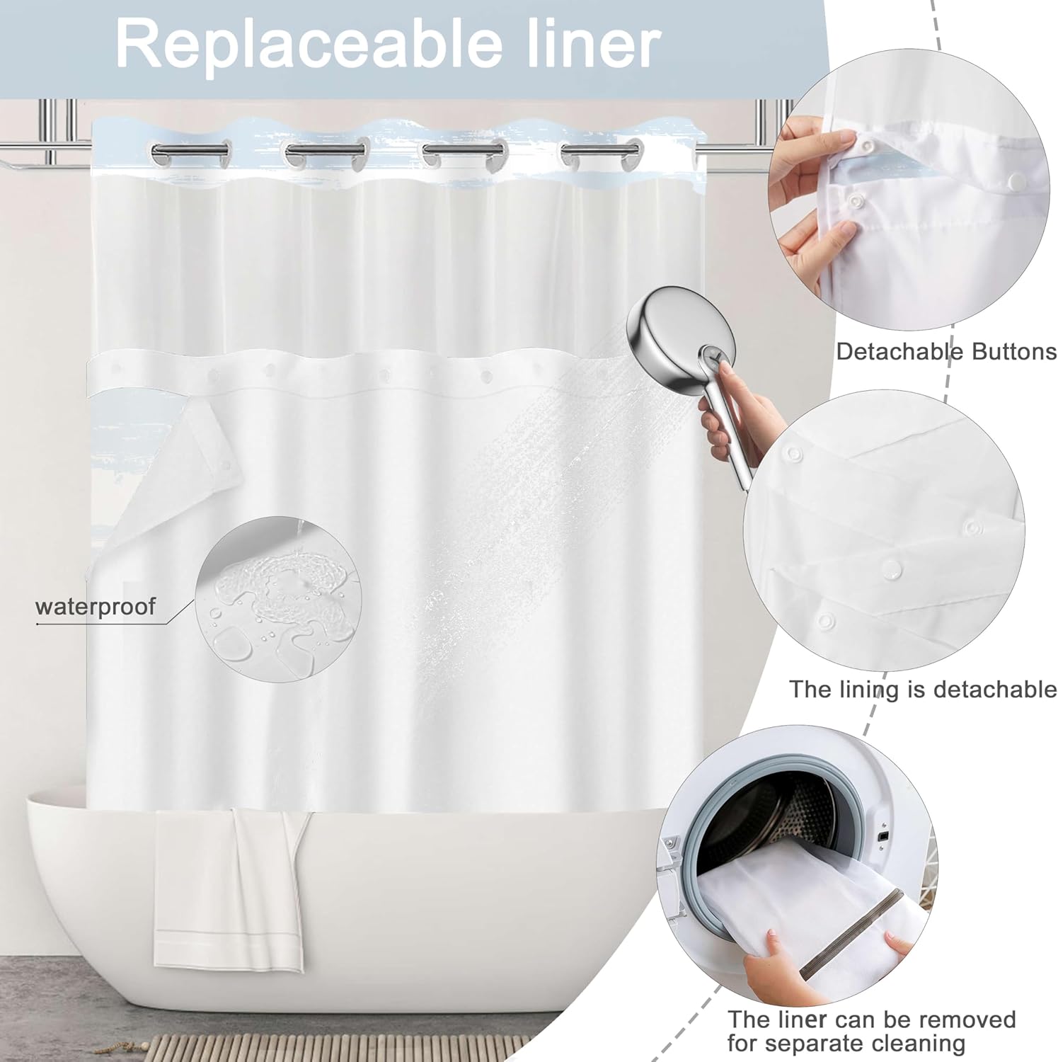 No Hook Shower Curtain and Liner Set, Light Blue and White Striped Hotel Shower Curtains for Bathroom, Minimalist Waterproof Bathroom Curtain Set with Snap in Liner Mesh Top Window, 71x74 Inch