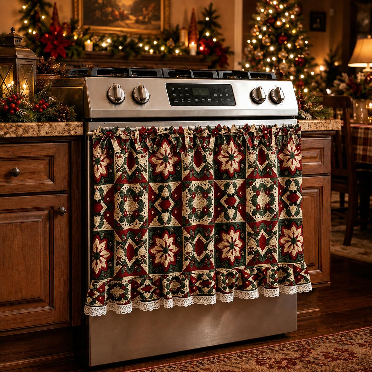 Farmhouse Oven Skirt Curtain Christmas Oven Curtain with 8 Ribbon Ties