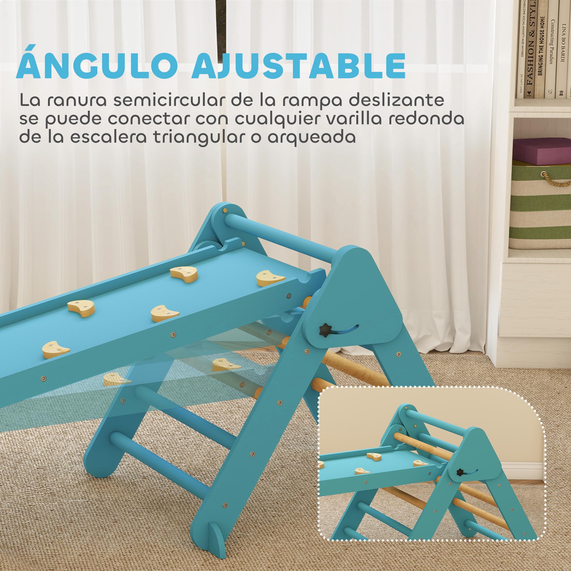 AIYAPLAY 7 en 1 Triángulo de Escalada Montessori con Arco y Rampa, Escalada para Niños de Madera Plegable, para 18-48 Meses, para Deslizarse o Escalar, 188x70 cm, Azul
