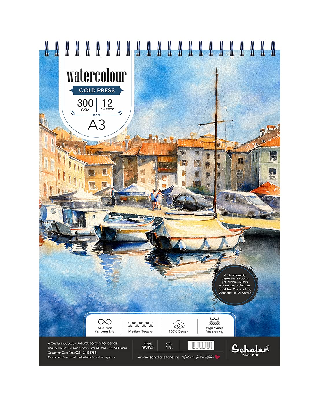 Scholar Watercolor Medium Textured Pad – 300 GSM Cold Pressed Special Watercolour Paper | Wire-O Bound Artist Pad for Watercolour, Ink & Mixed Media Painting (12 Sheets) (A3)-image-6