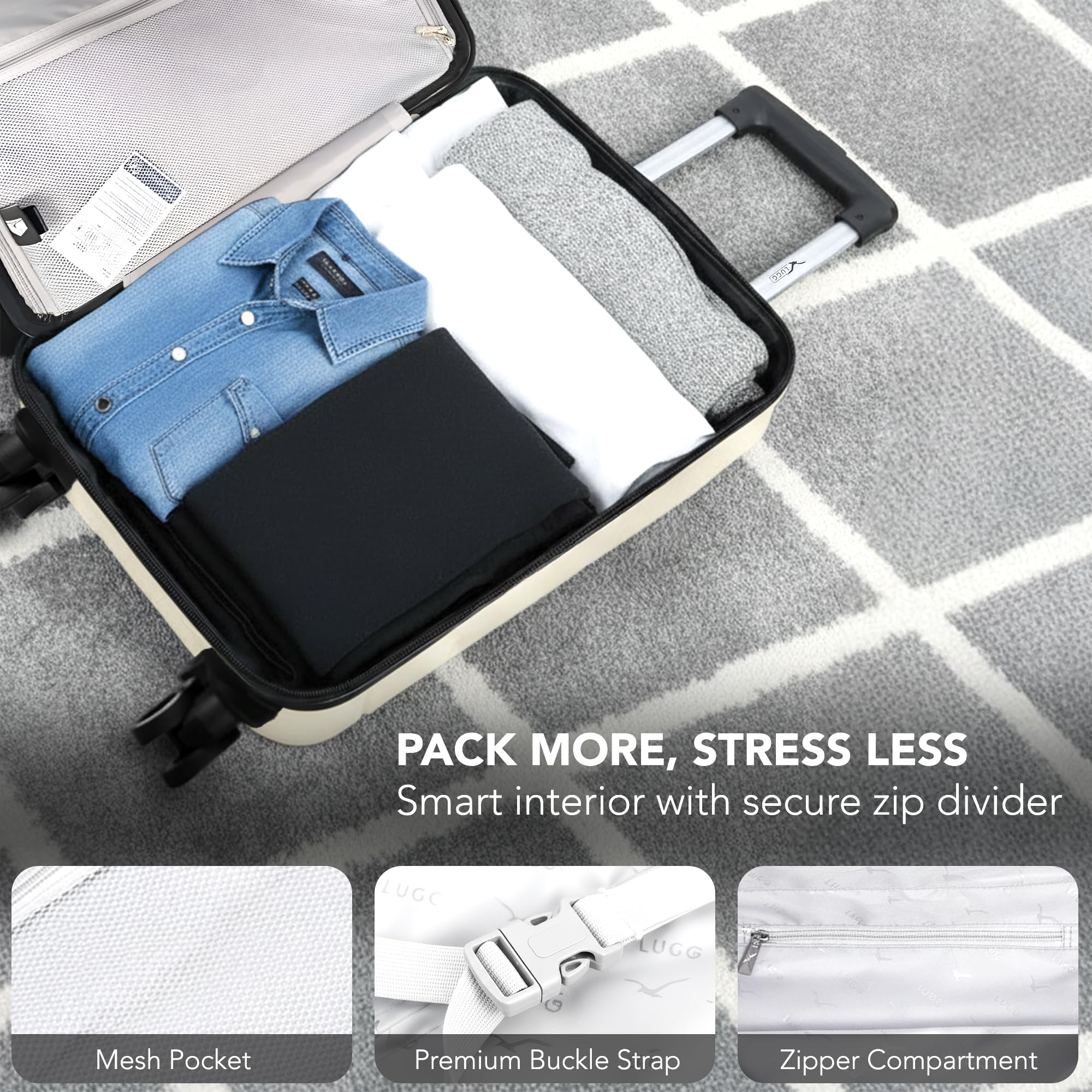 LUGG - Jetset 40cm Suitcase - 40x30x20cm- Ryanair Compatible - Underseat Size - Hard Shell ABS - Spinner & Removable Wheels - Lightweight Travel Luggage- Cream/Brown — view 73