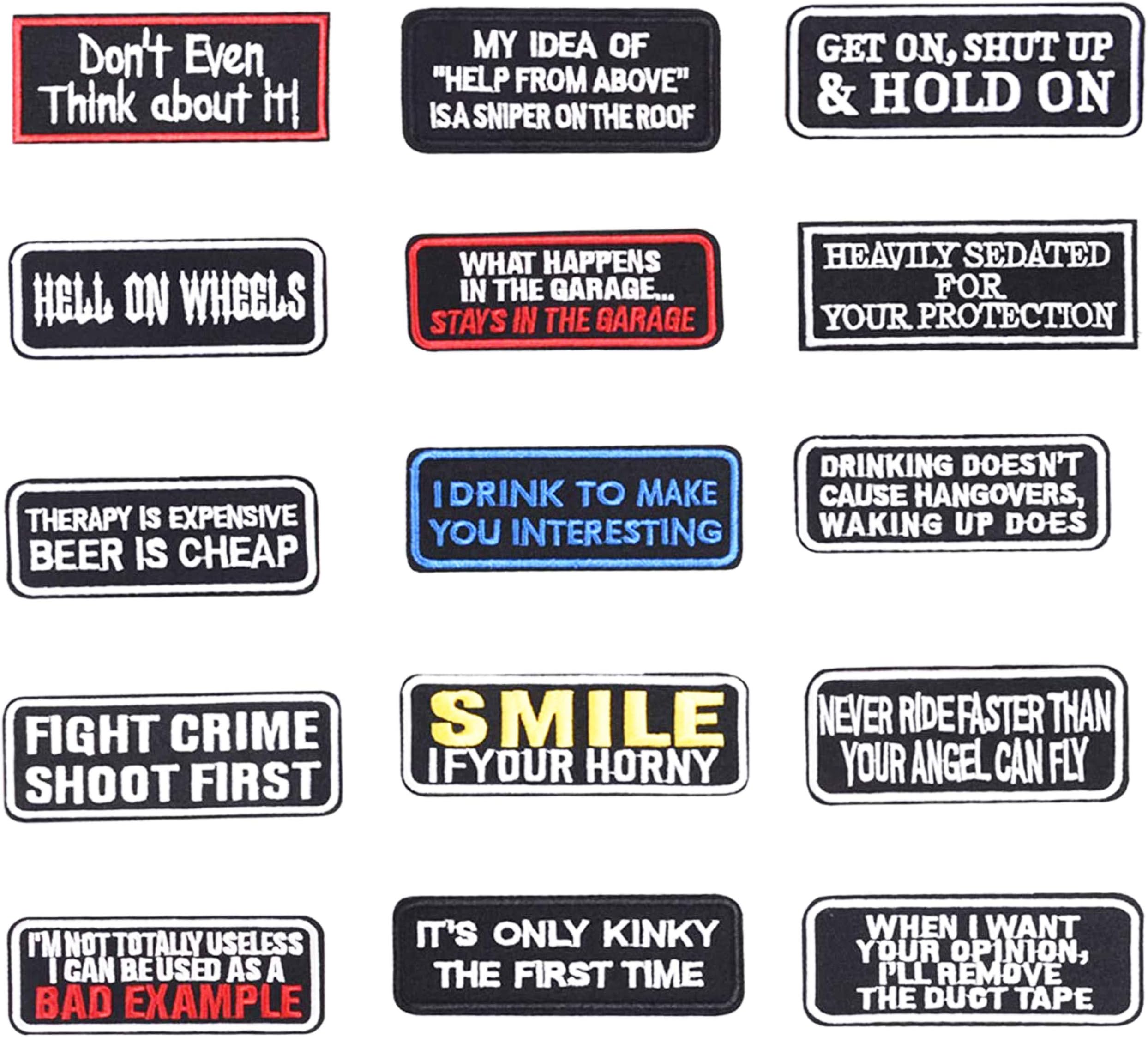 15 Pieces Iron on Patches Embroidered Slogan Patch Set Sewing Patches Applique Assorted Size for Backpacks, Clothes, Jackets