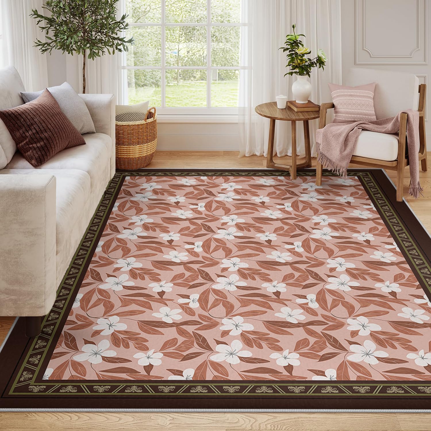 Cienkie dywaniki w stylu sielskim 100 x 200 cm, brązowe obramowanie, biały, kwiatowy i terakota, dywan do kuchni, przedpokoju, róż, dekoracja podłogi