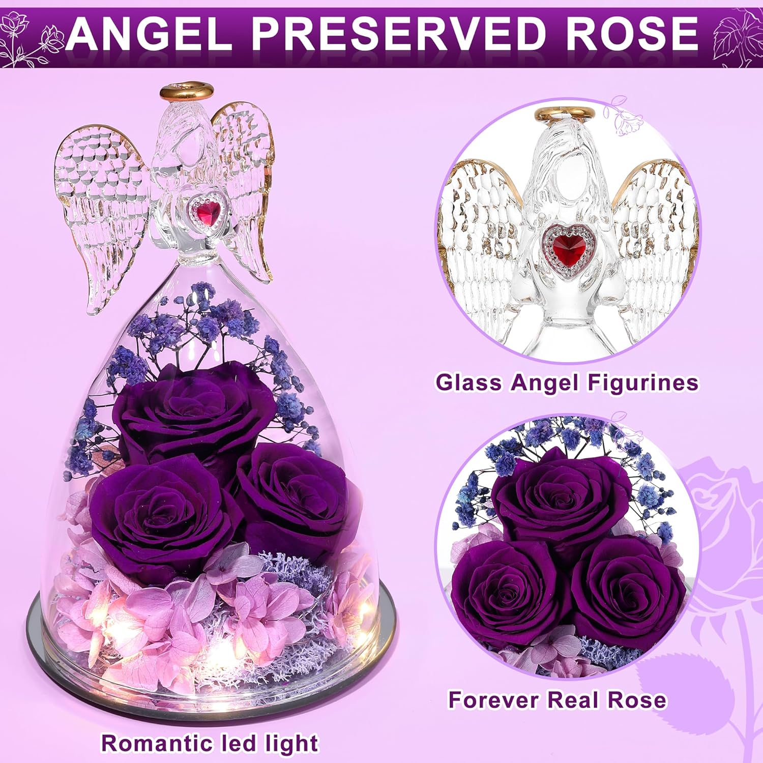 Mothers Day Rose Gifts for Women, Large Angel Figurines with Real Roses, Preserved Real Flower Rose for Her,Full Purple