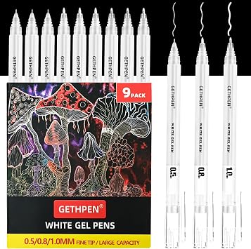 White Gel Pens, 05/08/10mm Assorted Tip Opaque Archival Ink Pen for Journaling, Art, or Drawing - For Holiday Gifts & DIY Projects, white ink pens for Art, 9 Pack