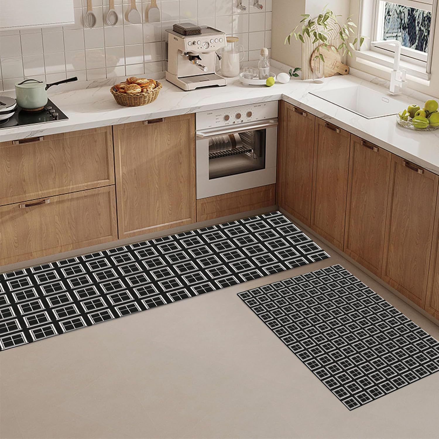 Alfombras de cocina de cubo moderno blanco negro en juego de dos piezas lavables