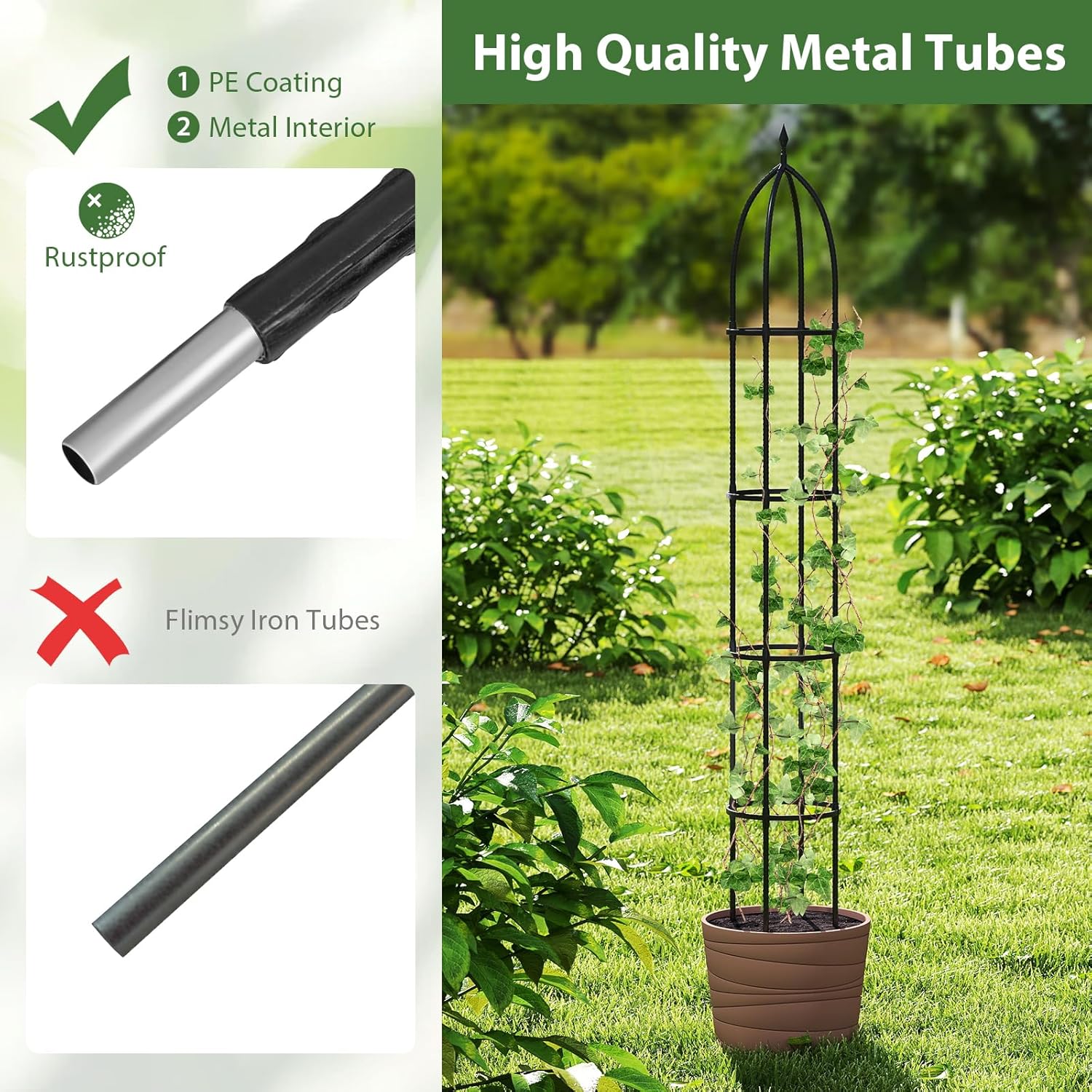 Garden Trellis for Climbing Plants, 78" Trellis Climbing Plant Support with Replaceable Heads, 2 Pieces Metal Tower Trellis for Potted Plants Climbing Vine Indoor & Outdoor