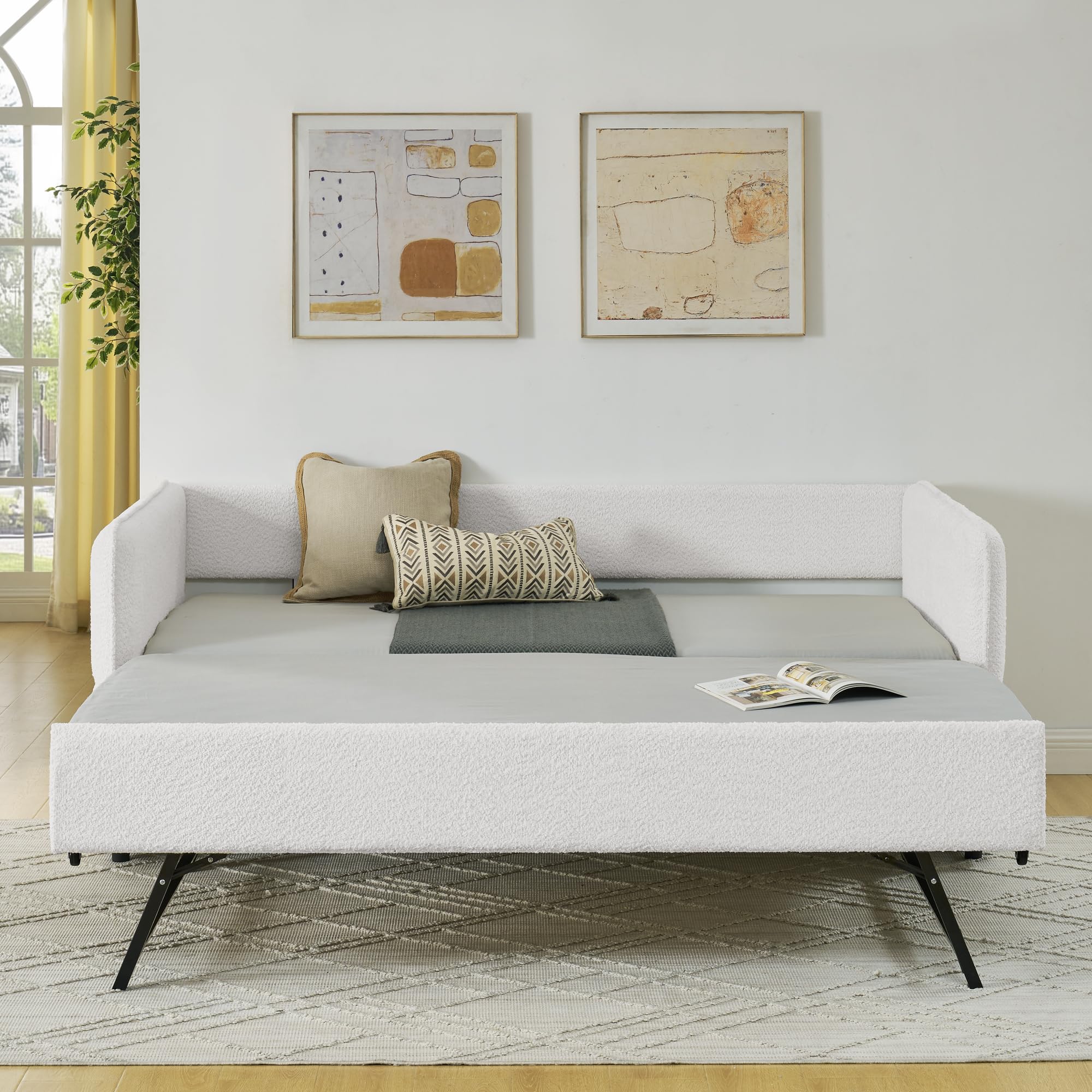 KEIKI Twin Size Upholstery Tufted Daybed with Erectable Trundle, Twin to King Design Modern Extendable Boucle Sofa Bed, Easy Assembly, No Box Spring