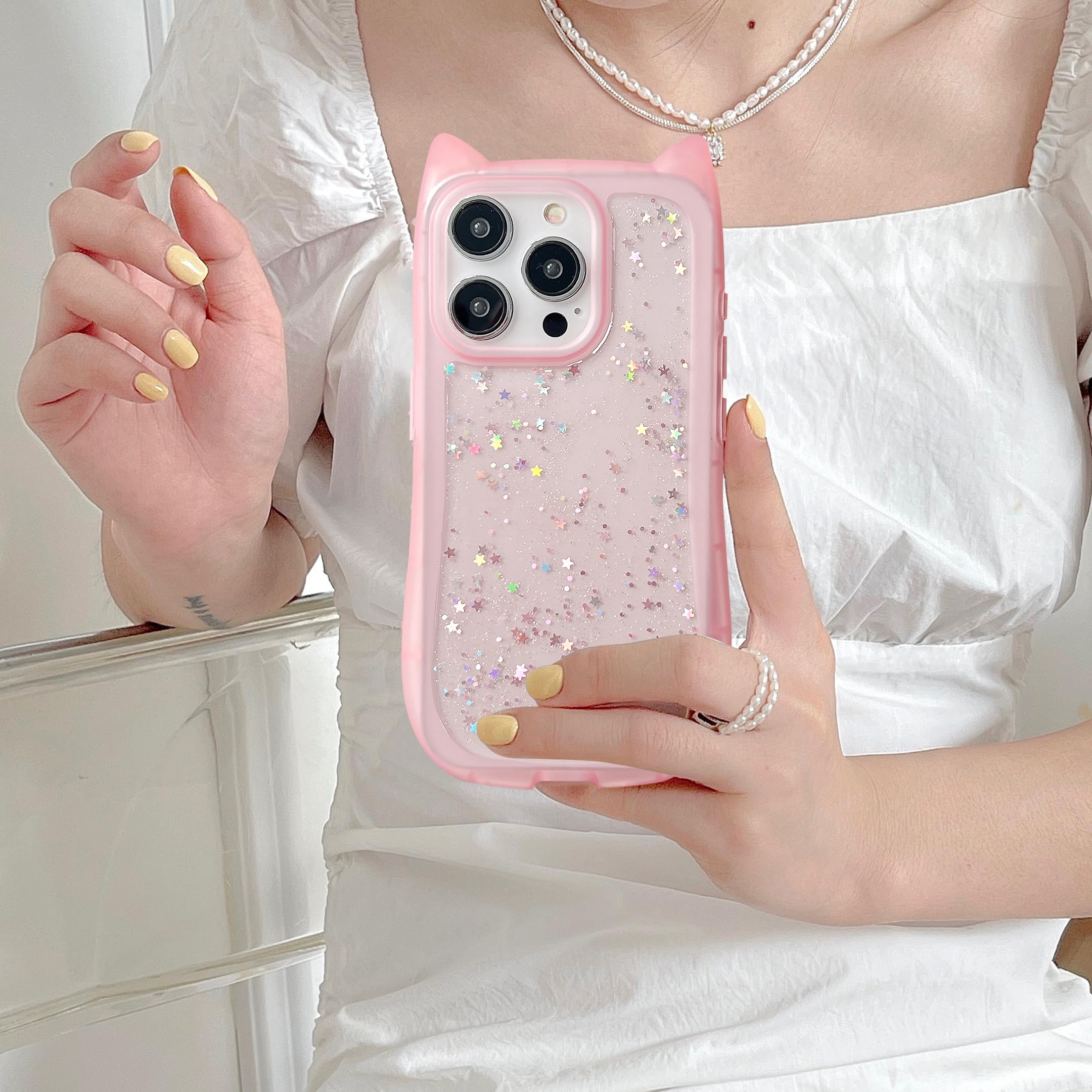 UEEBAI Case for iPhone 15 Pro Max 6.7 inch, Cute Glitter Bling Shine Candy Color Cat Shape Soft TPU Phone Case - Image 2
