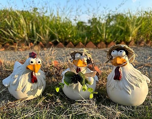 Miniatura 7 de Teaeeno Estatuas decorativas de valla de pollo, divertidas decoraciones de pollo, 3 pollos por juego, figuras de pollo de resina, escultura de