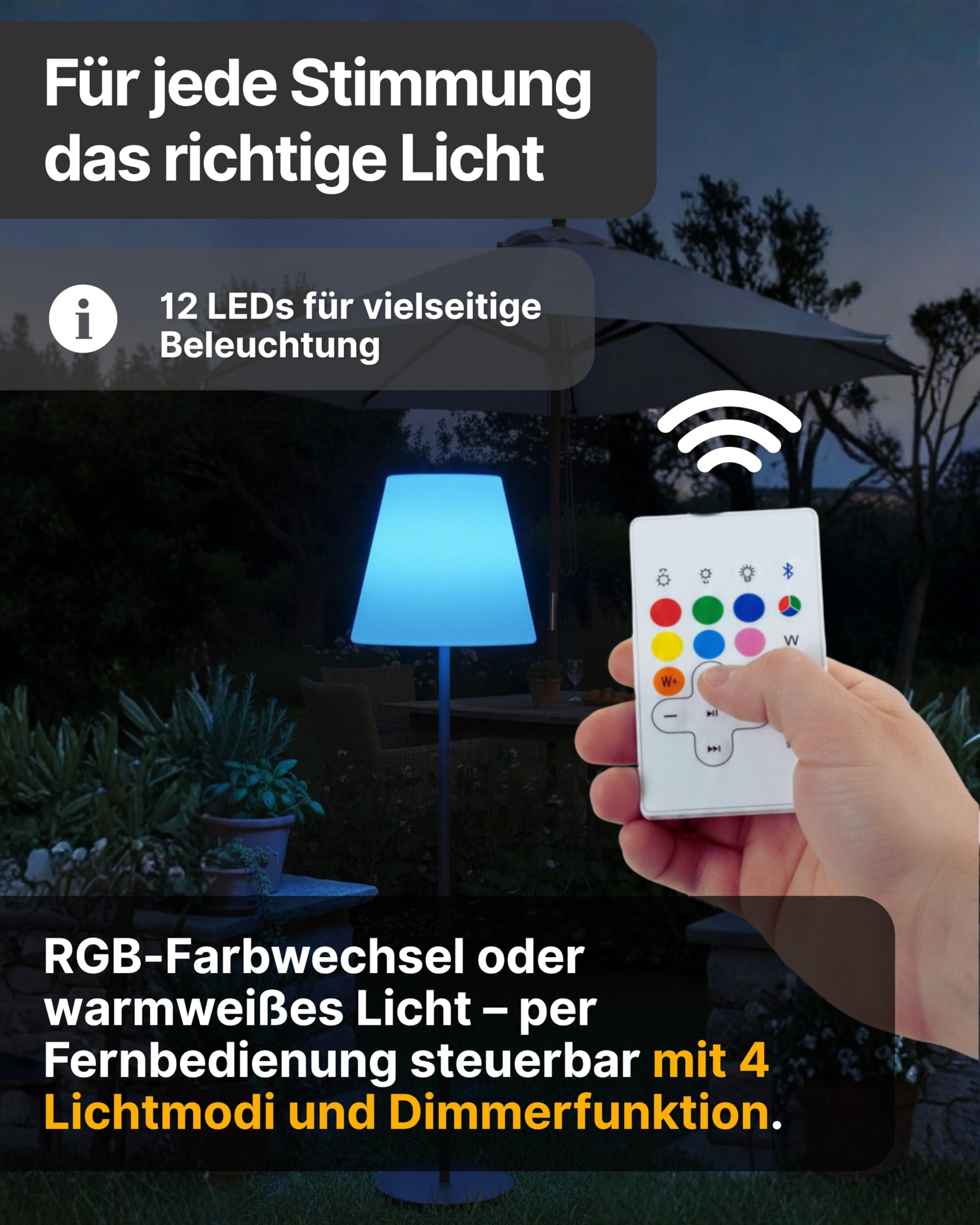 SCHWAIGER Solar Außenlampe LED-Stehleuchte IP44 dimmbar Farbwechsel Fernbedienung 4 Leuchtmodi