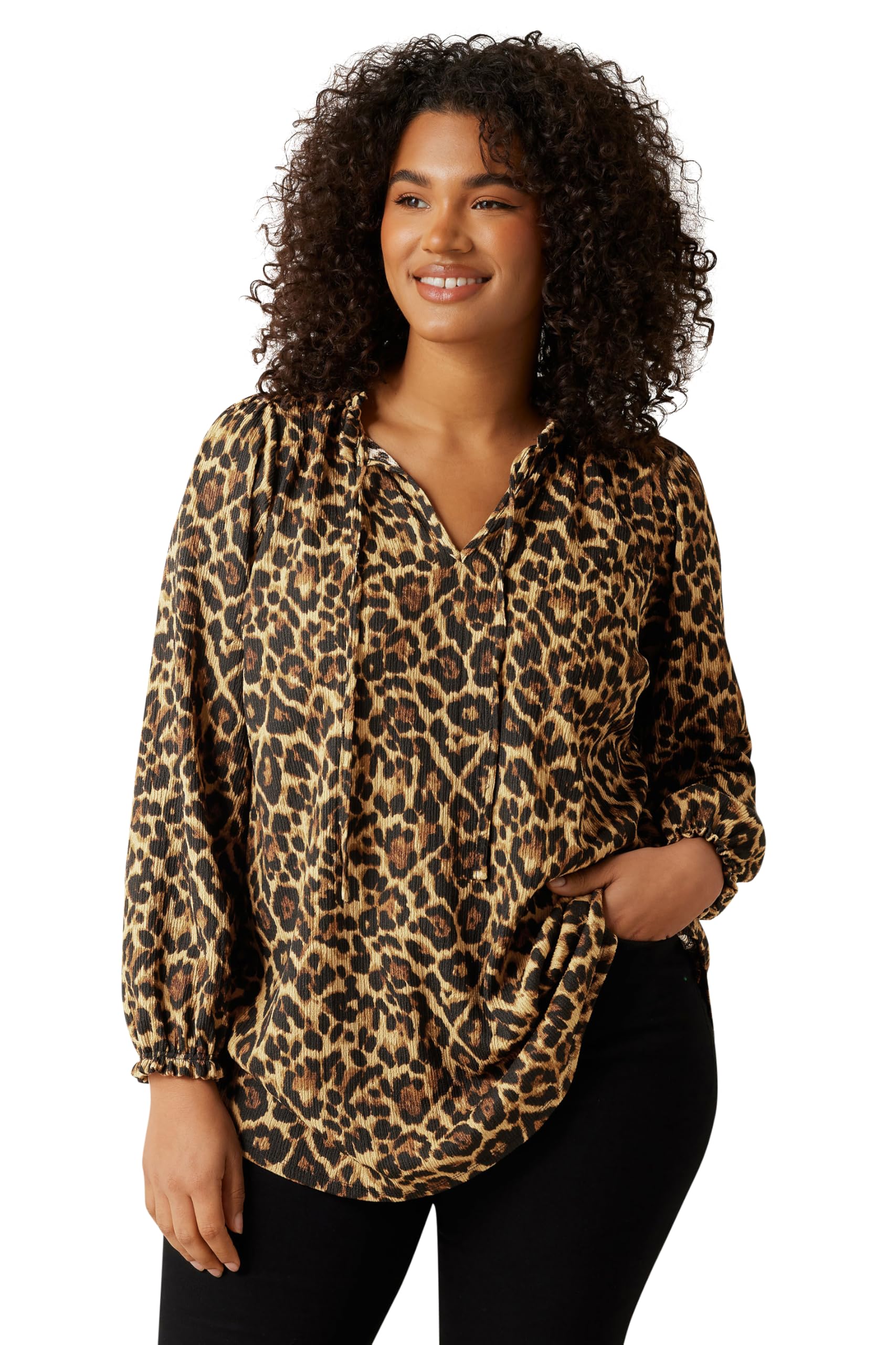 Evans Women's Brown Curve Natural Leopard Print Crepe Tie Neck Blouse - Plus Size Curve
