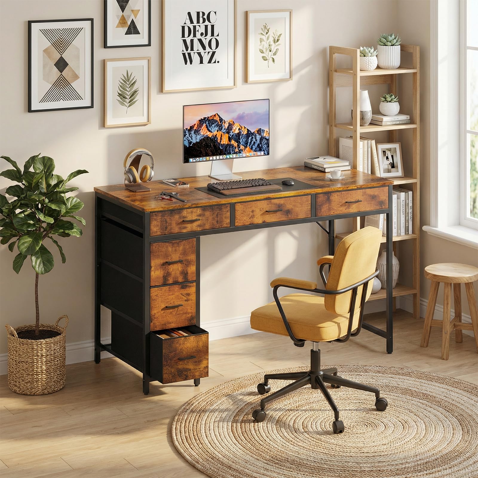 HLONONE Schreibtisch mit 6 Stoff Schubladen, 120cm Reversibler | Computertisch mit Stauraum, Modern PC Tisch für Office Wohnzimmer und Arbeitszimmer, Vintagebraun