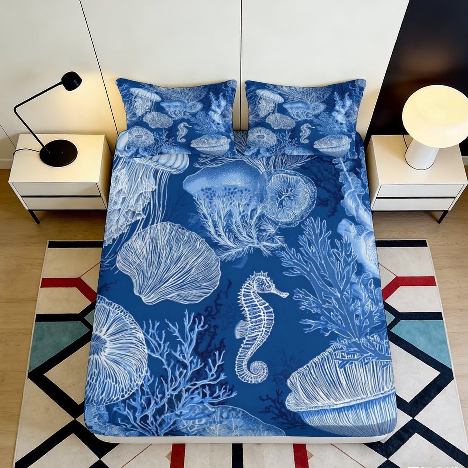 3D Printed Ocean Jellyfish Fitted Sheet Microfiber Blue Seahorse Bed Cover for Bedroom Guest Room Decor Easy Care 90x200x25cm